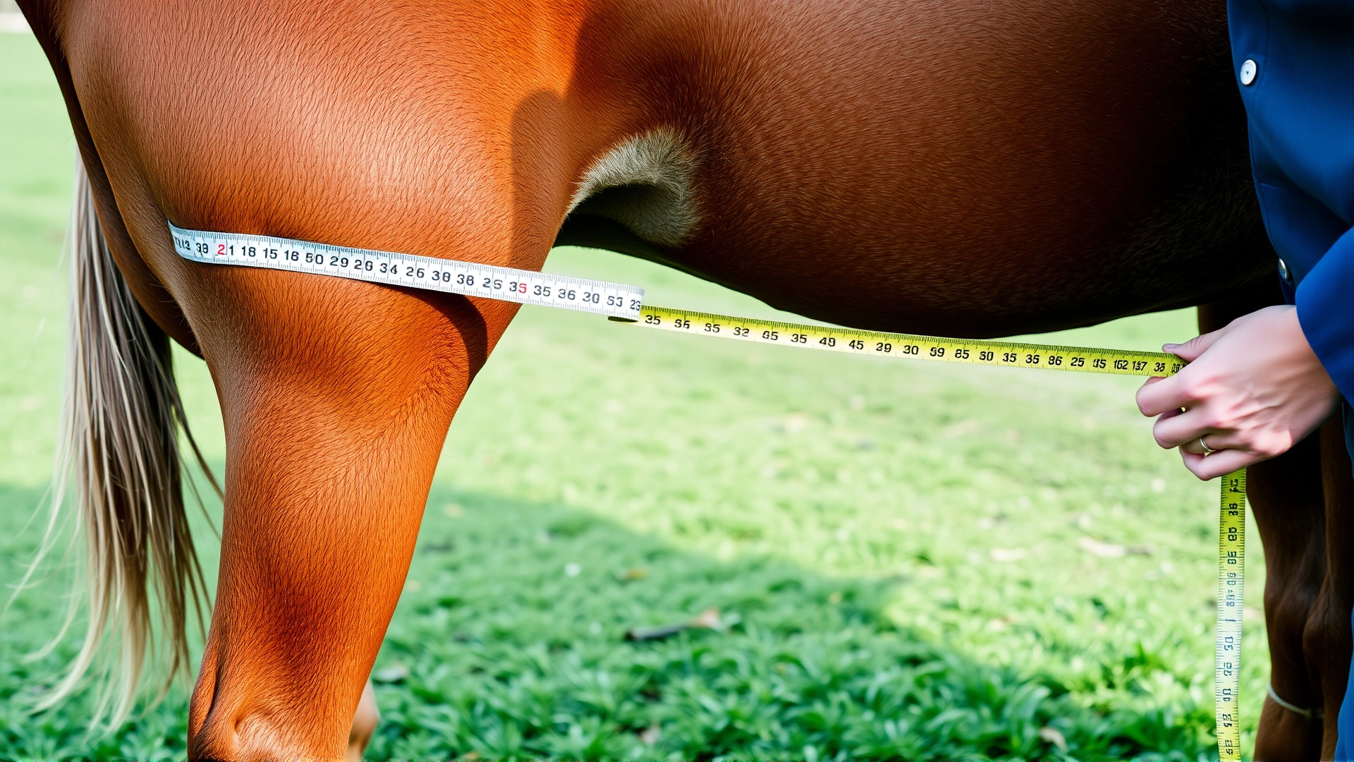 Outdoor sequence-style image of a person stretching a measuring tape from a horse's chest along its side toward the hindquarters, grassy paddock background, no text