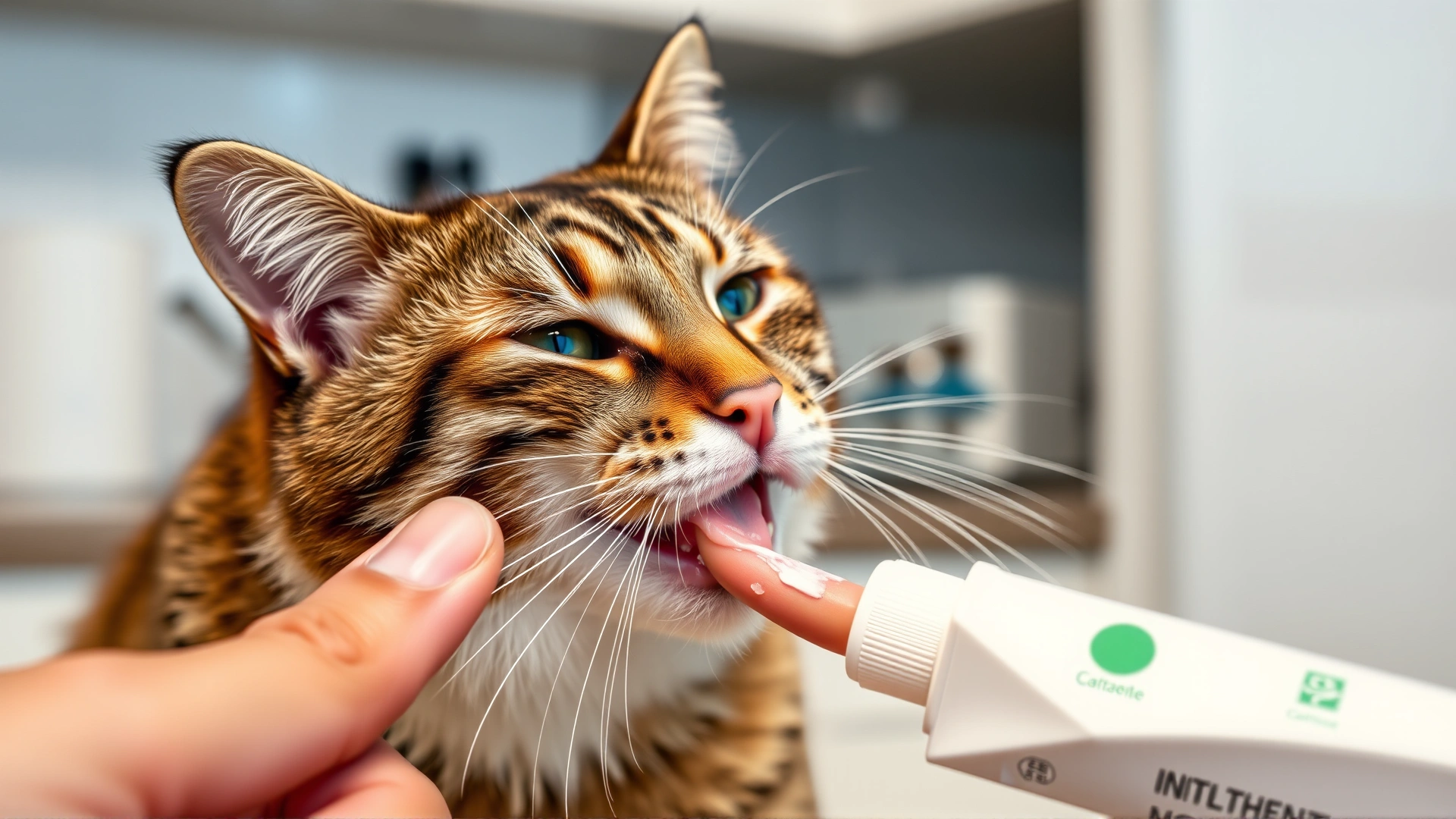 Cat licking a small amount of cat toothpaste off owner's finger, kitchen countertop background