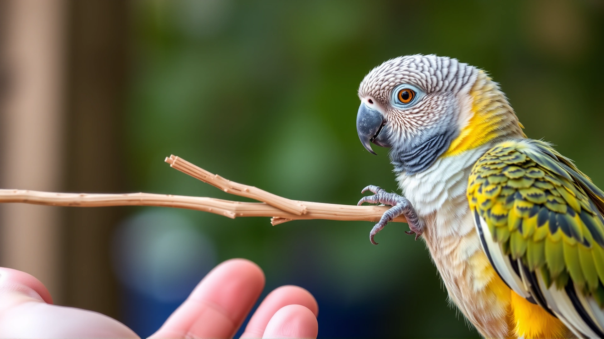Close-up of a hand offering a perch to a small parrot as it steps up, illustrating the initial training phase.
