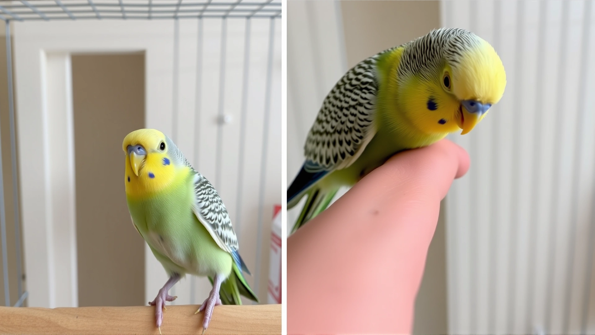 Series of two frames showing a budgie moving from cage door to owner’s finger on cue.