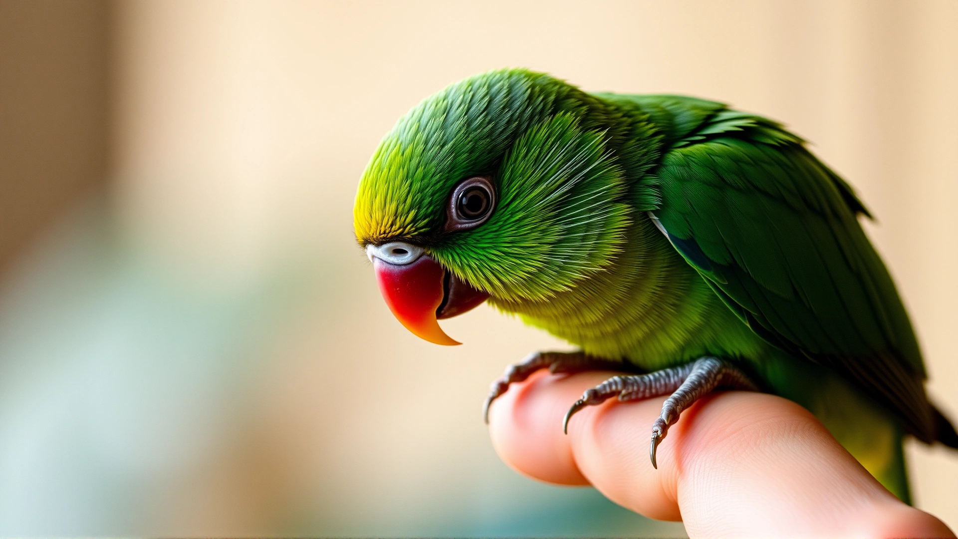 Close-up of a green cheek conure stepping onto a human finger, focus on bird's claws and calm expression, blurred background