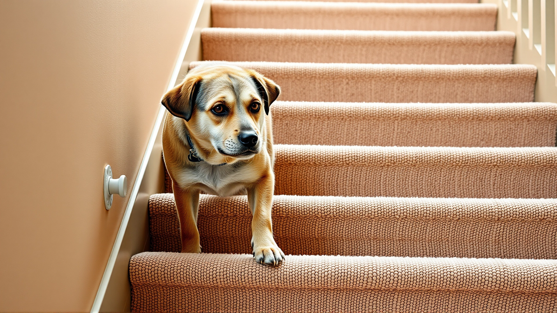 Senior dog hesitating at the bottom of a staircase, gently lifting a paw as if reluctant to climb, signifying joint stiffness.