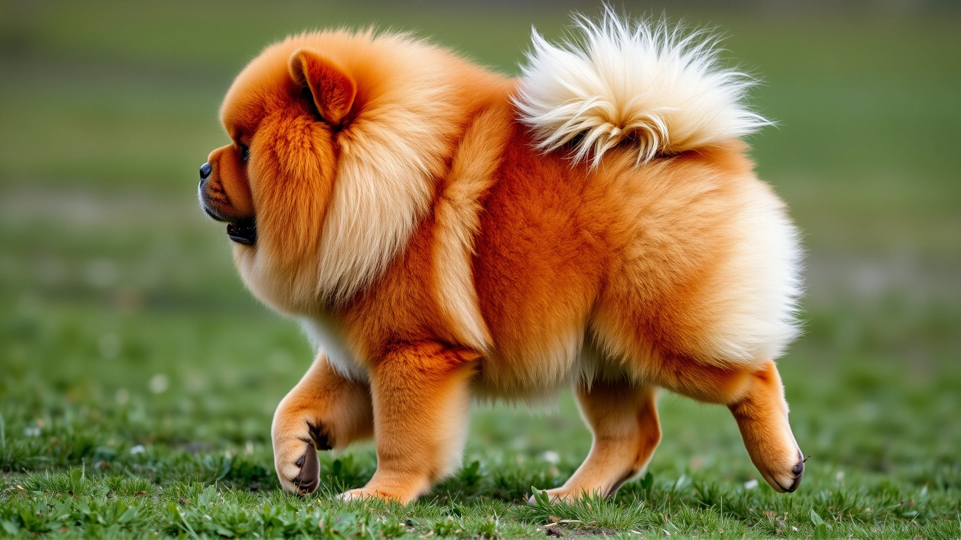 Side profile of a Chow Chow walking on grass, highlighting its straight hind legs and signature stilted gait