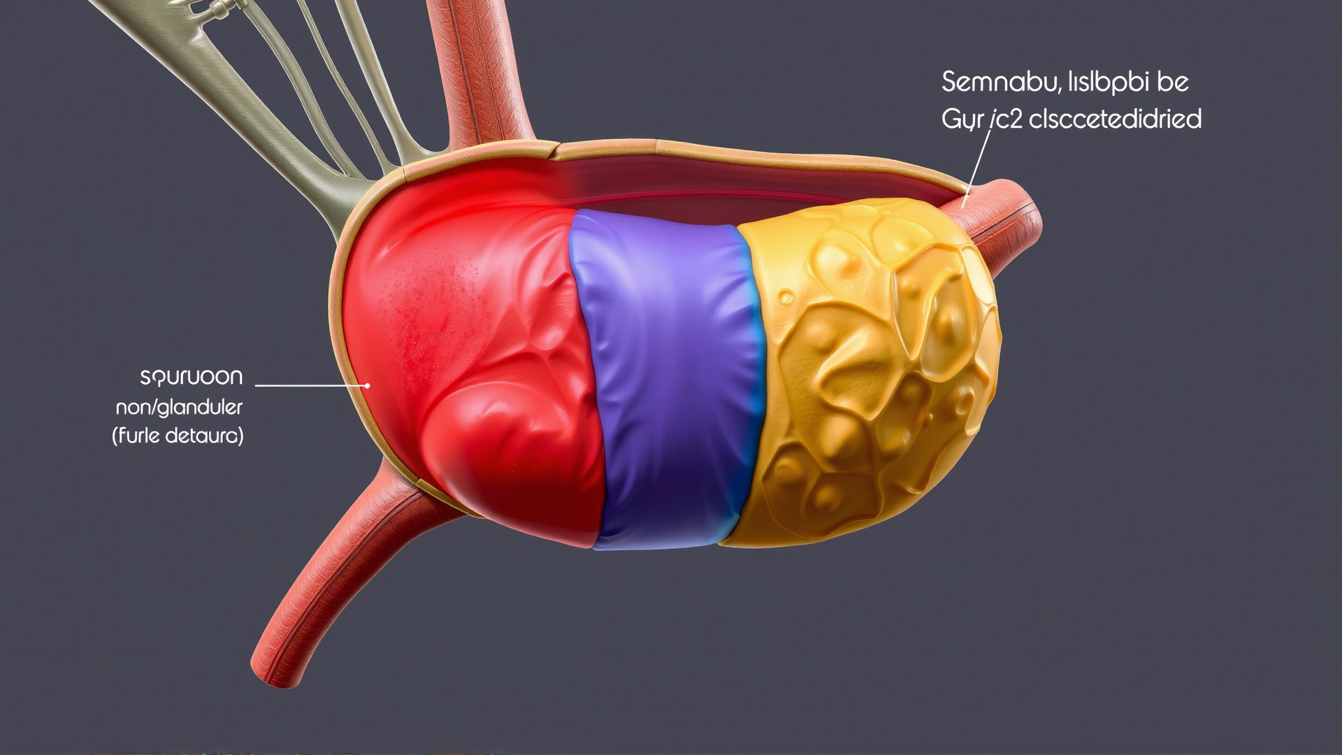 Detailed digital illustration of a horse's stomach, highlighting the squamous (non-glandular) upper third and the glandular lower two-thirds in different colors