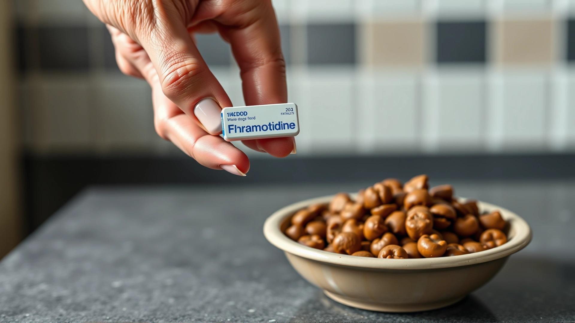 Hand holding a famotidine tablet above a ceramic bowl of dog food on a kitchen counter.