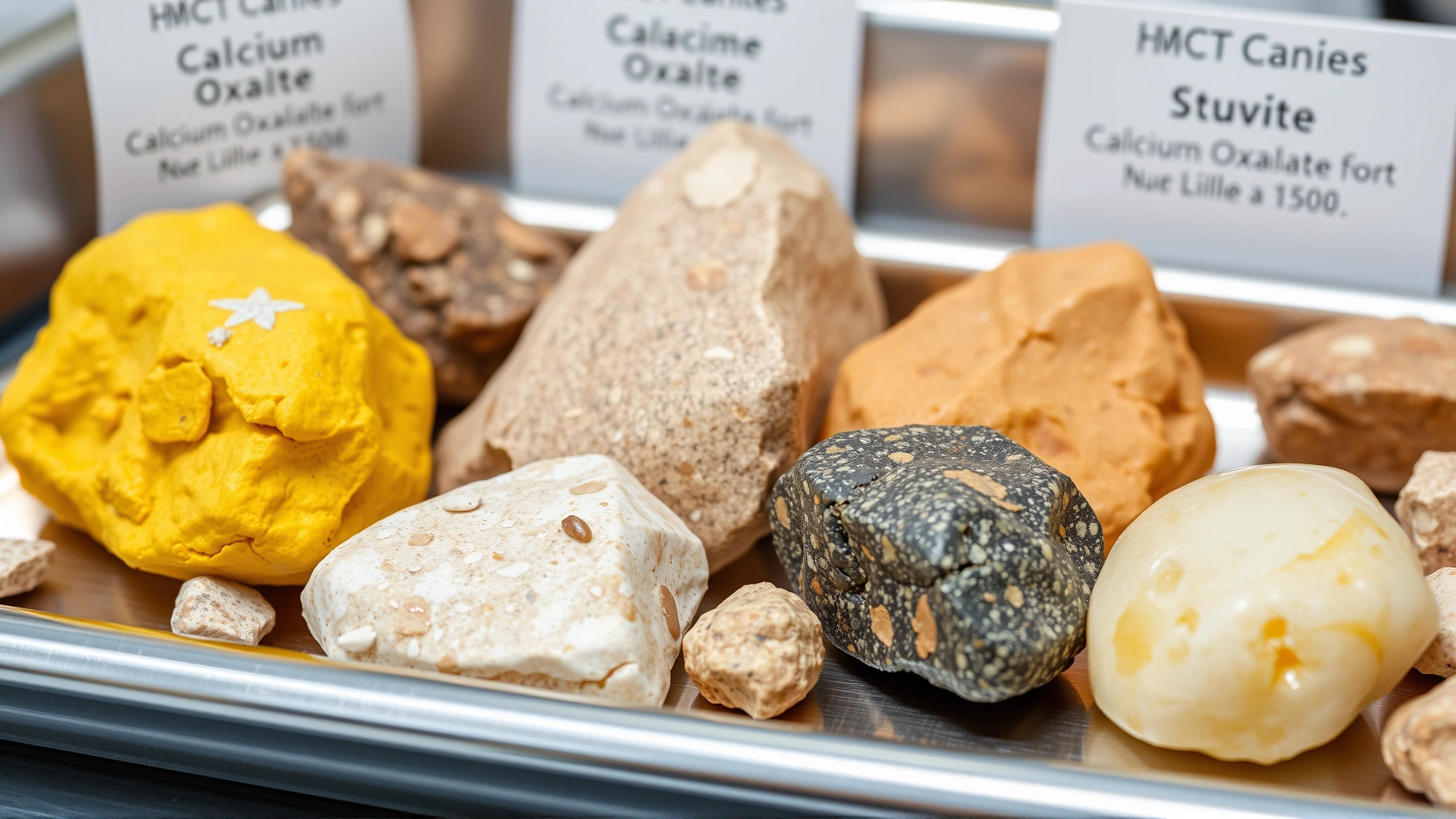 Close-up shot of assorted canine bladder stone samples (struvite, calcium oxalate, urate, cystine) neatly arranged on a veterinary stainless steel tray with labels in the background.
