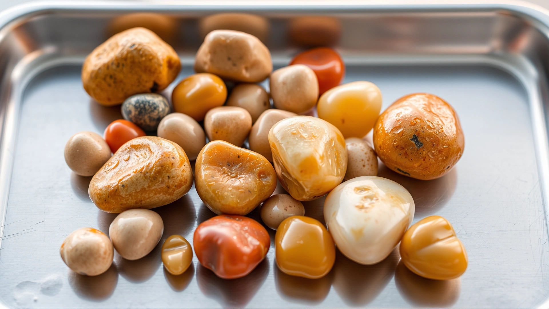 Macro shot of different sizes and colors of canine bladder stones on a sterile stainless steel tray.