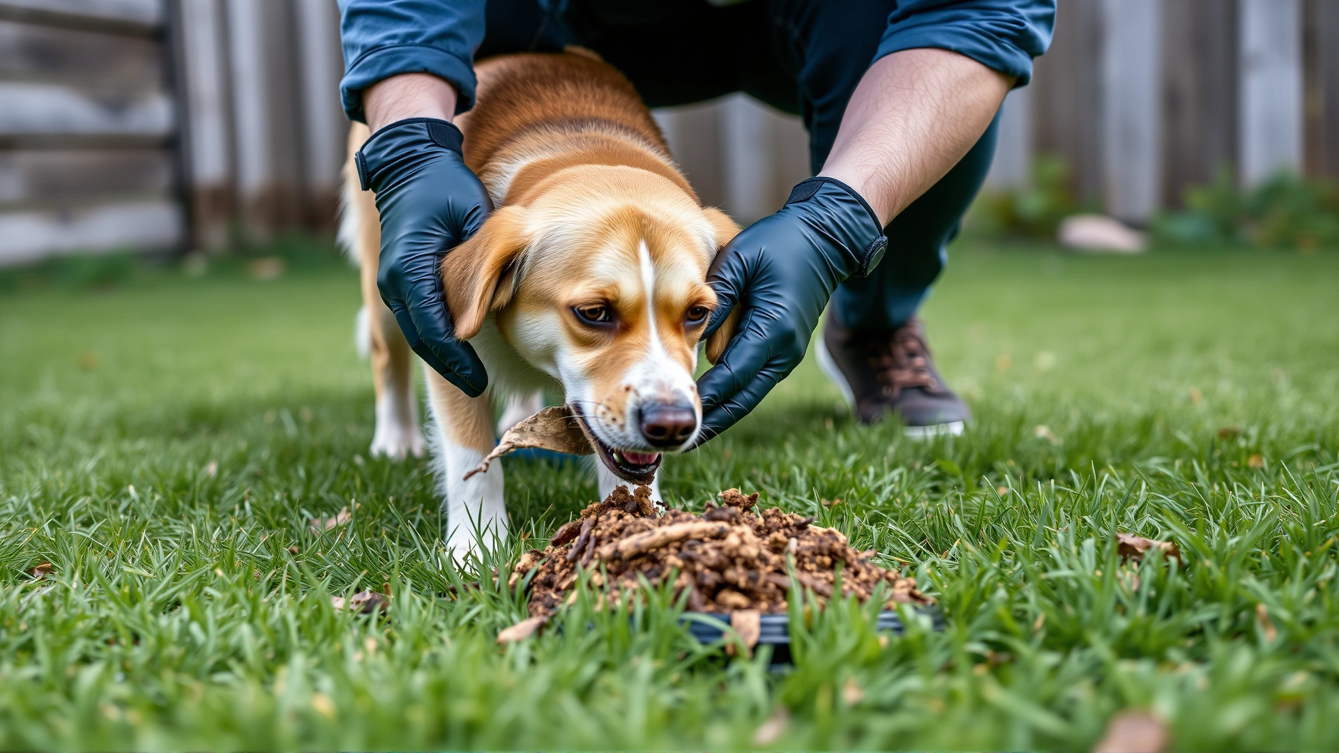 Dog owner wearing gloves examining dog waste in a grassy backyard to monitor stool quality during diet change.