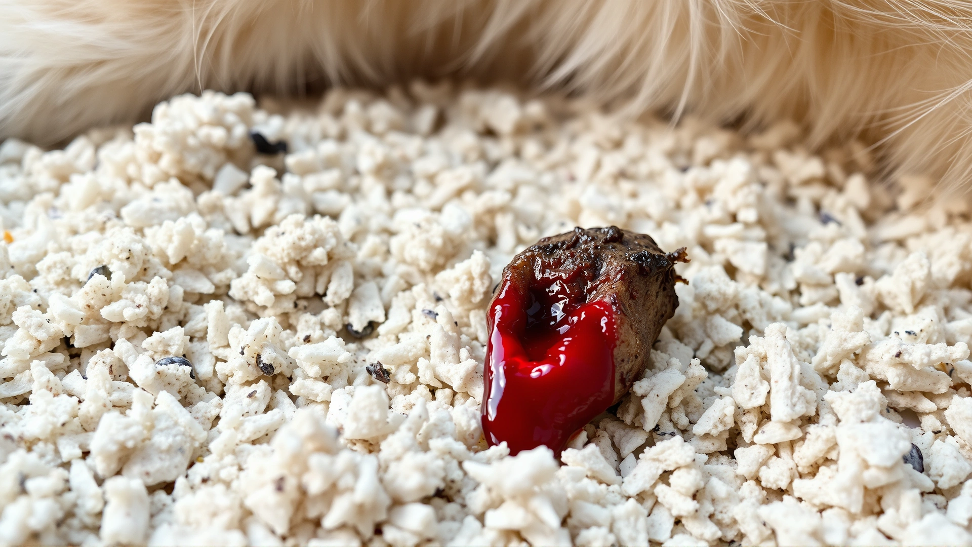Close-up photo of cat litter showing a small piece of stool with a bright red blood streak; no text or labels