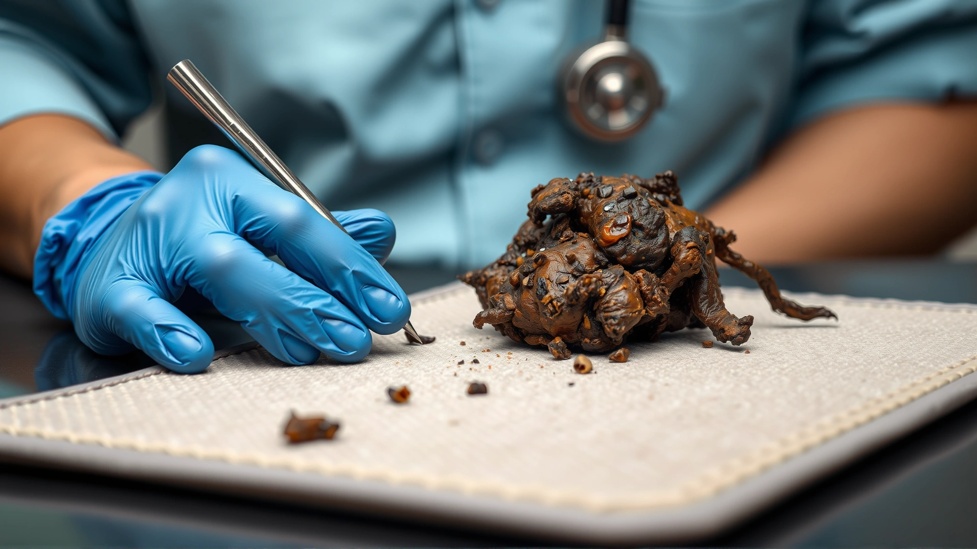 Tasteful, close-up shot of a veterinarian wearing gloves examining a sample of normal dog stool on a pet pad. No graphic details.