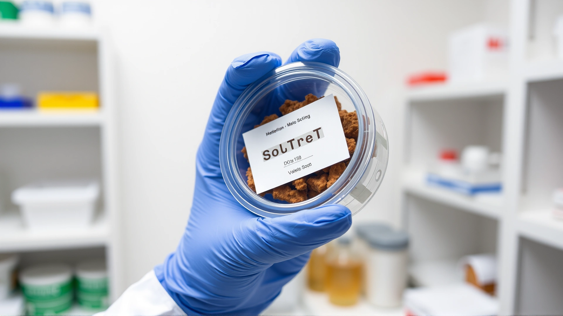Veterinarian gloved hand holding a sealed plastic container with a dog stool sample in a lab setting.