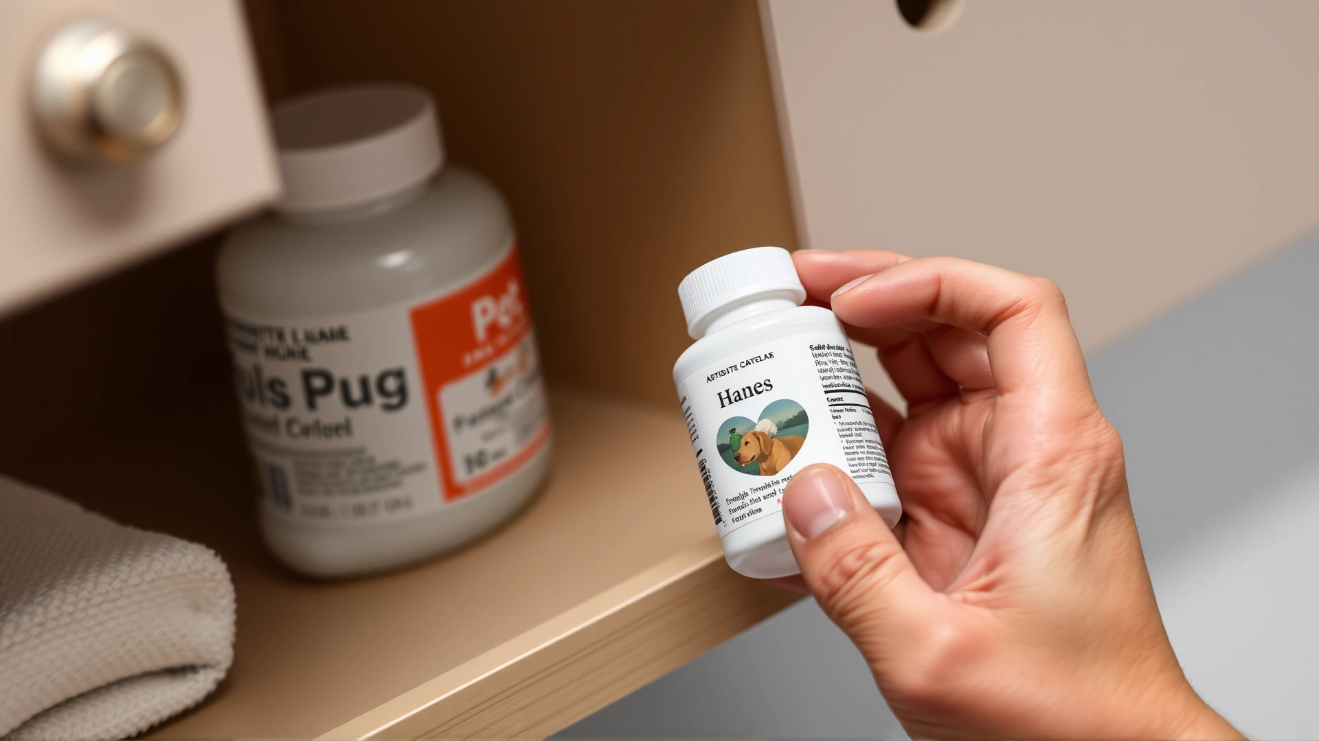 Human hand placing a small white medicine bottle with pet label into a high bathroom cabinet shelf.