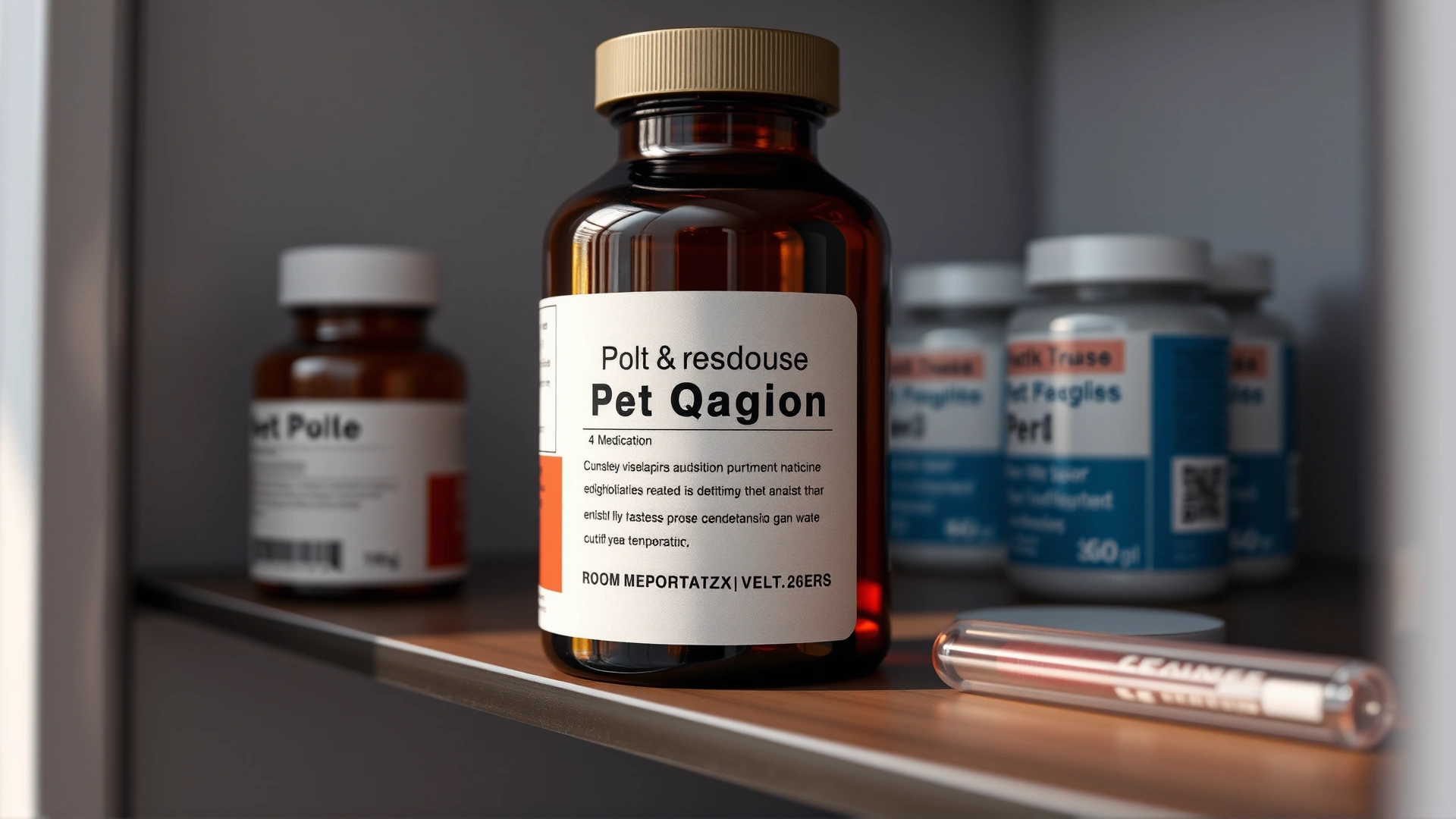 A labeled amber medicine bottle of pet medication stored on a shelf away from sunlight, with a thermometer showing room temperature