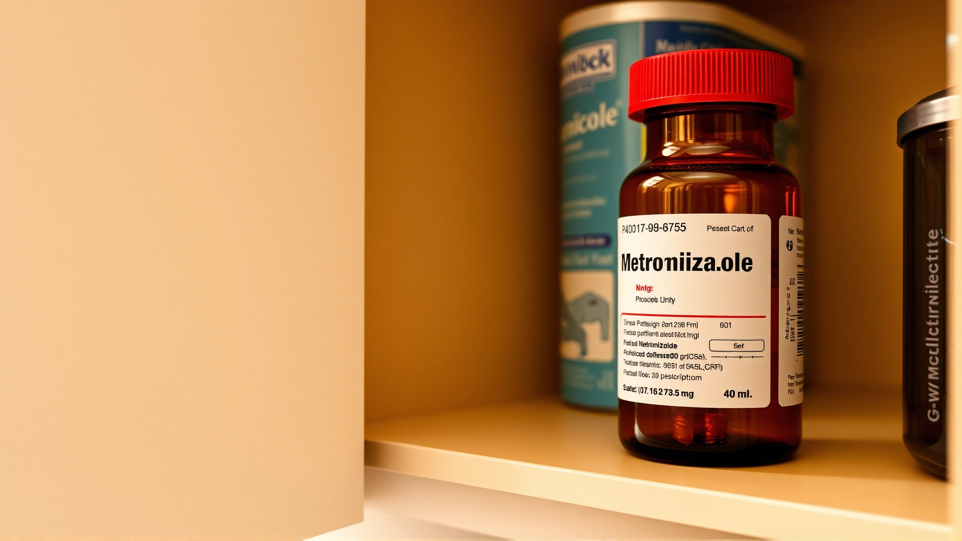 A labeled amber prescription bottle of metronidazole stored in a kitchen cabinet away from sunlight, door slightly open.