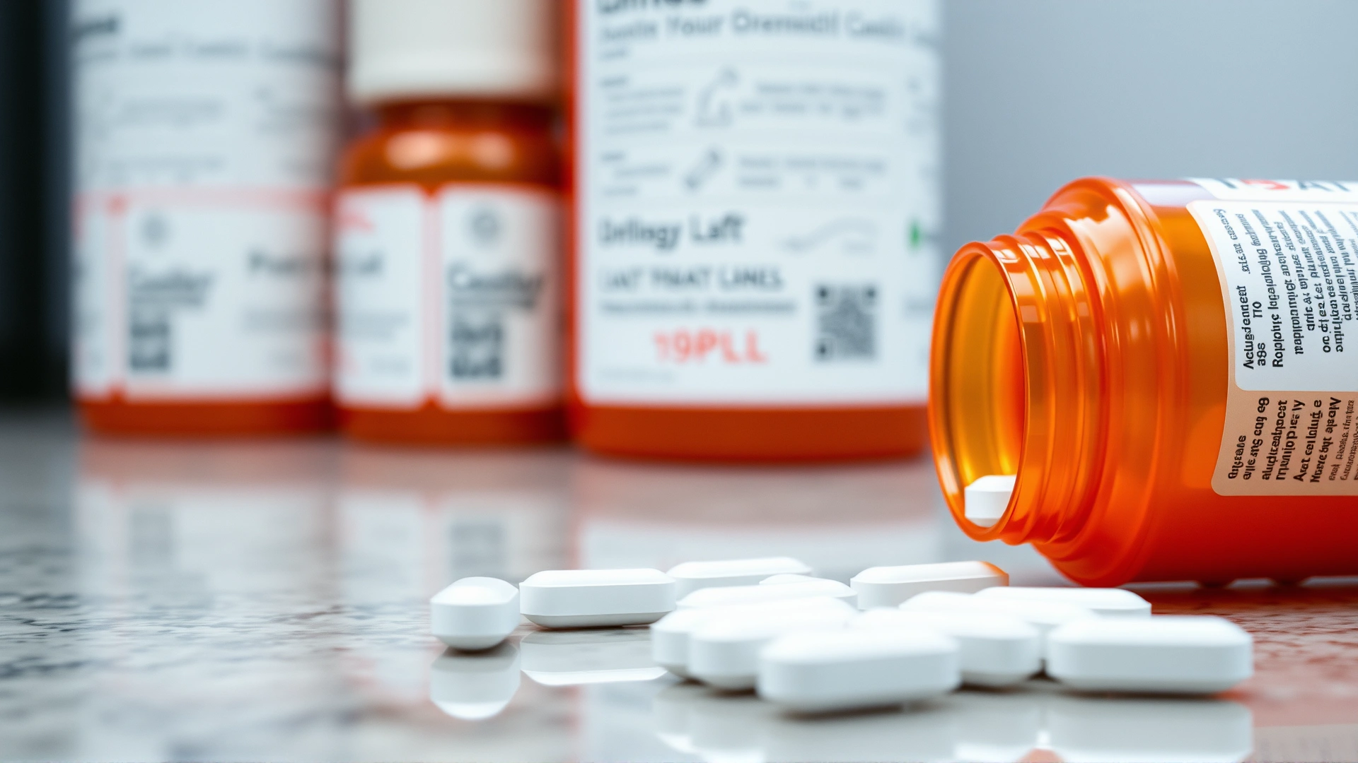 Close-up of a sealed orange prescription bottle and white tablets on a countertop, with the label turned away to avoid text.