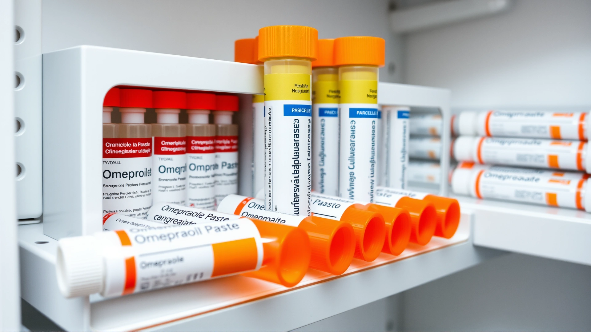 Tubes of omeprazole paste neatly arranged on a clean veterinary clinic shelf, white background, no text
