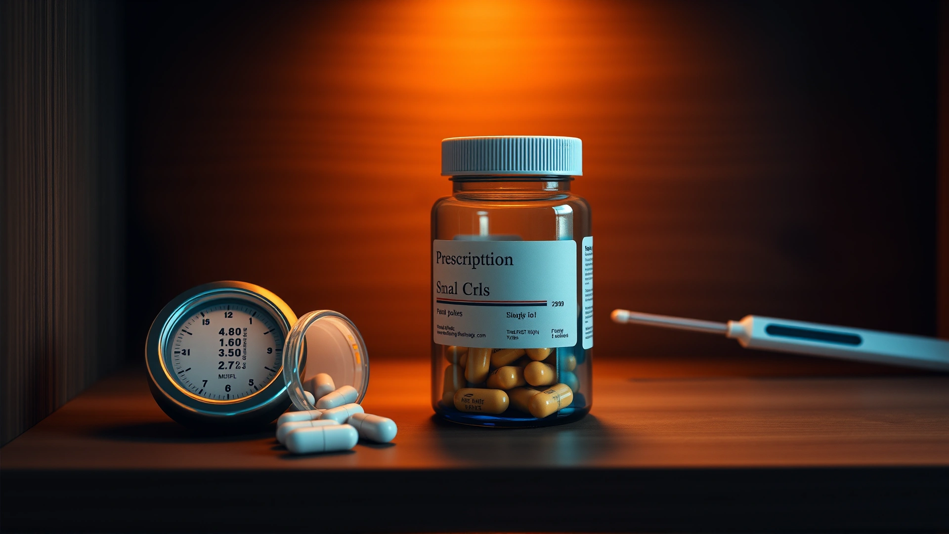 Prescription pill bottle stored on a wooden shelf beside a small digital thermometer, warm ambient light