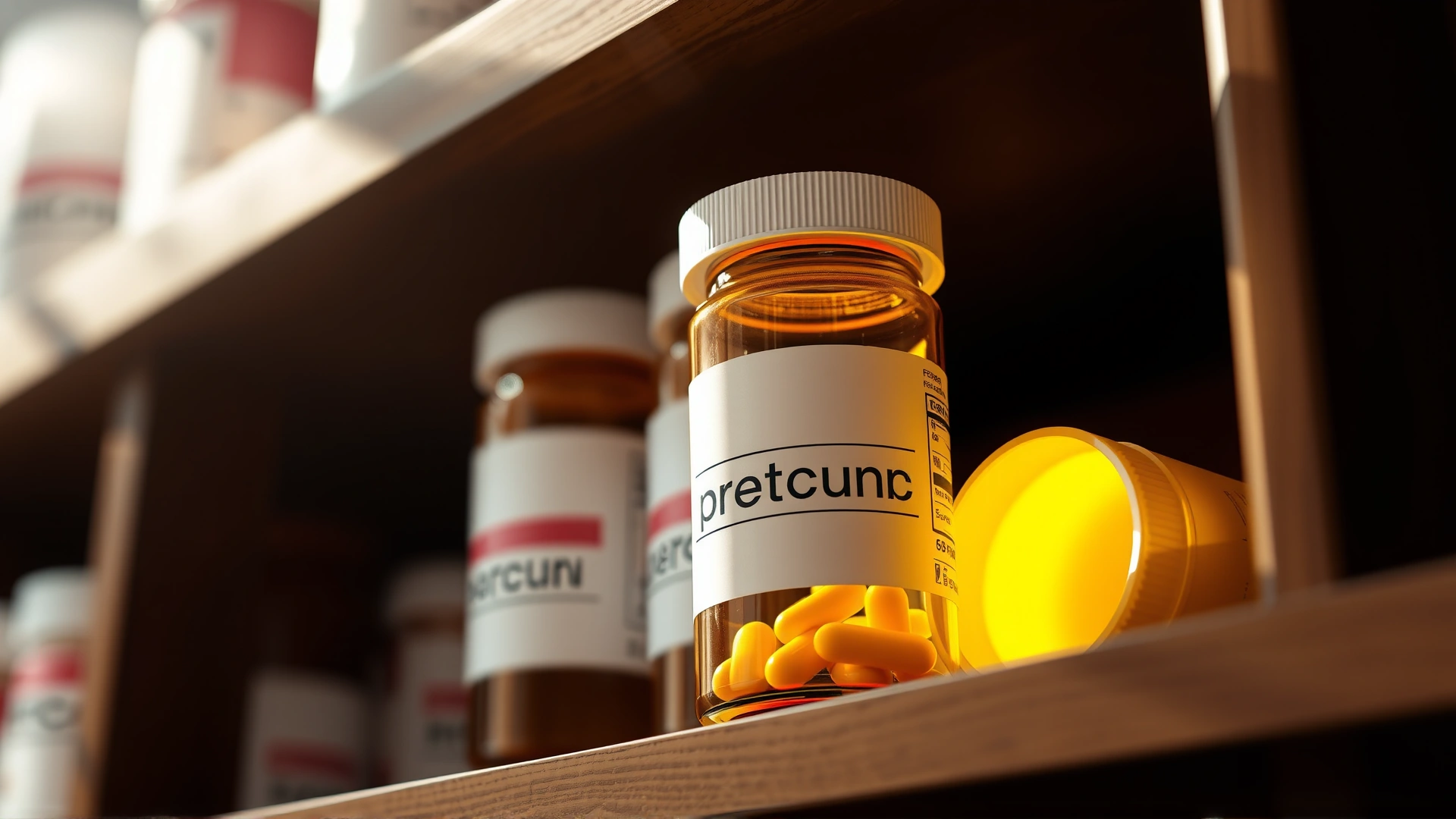 Close-up of a sealed amber pill bottle labeled 'prescription' stored on a wooden shelf with indirect sunlight.