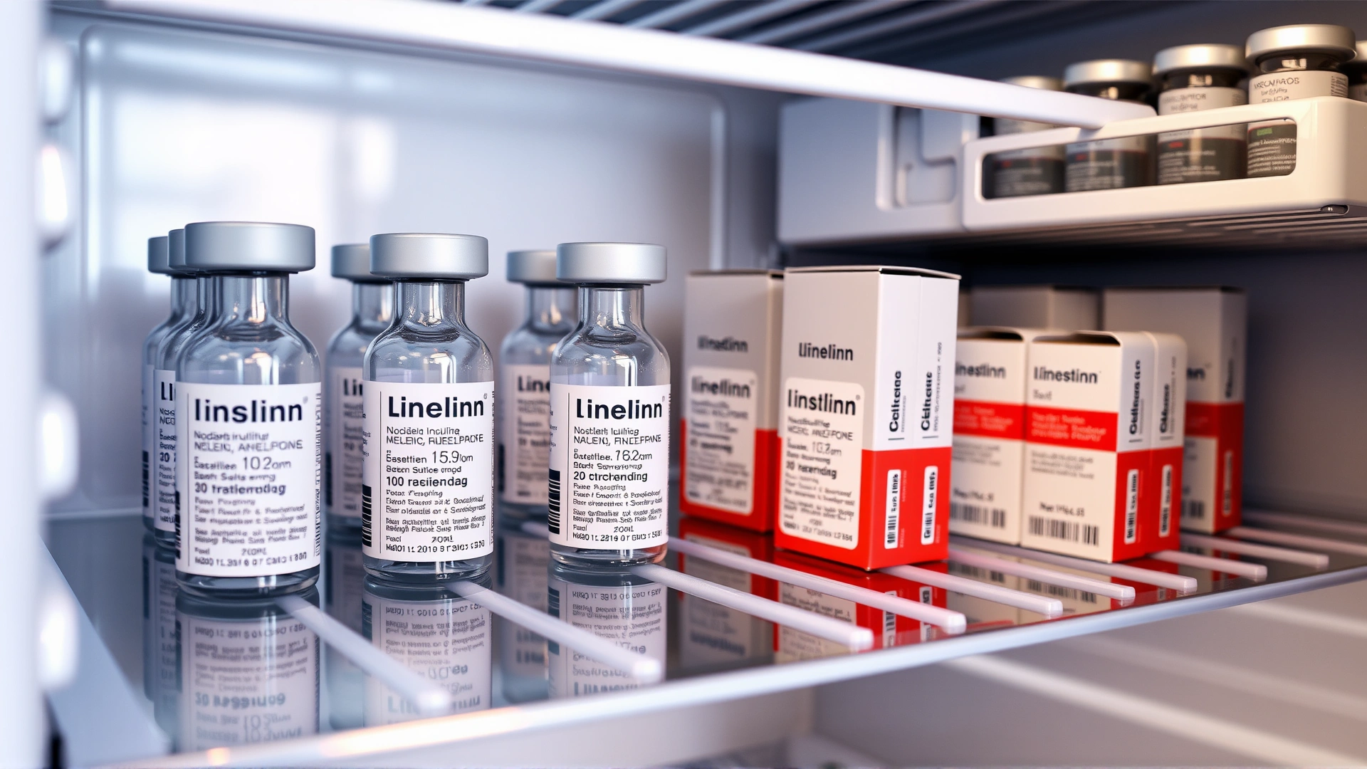 Open refrigerator shelf with insulin vials stored upright in their original packaging