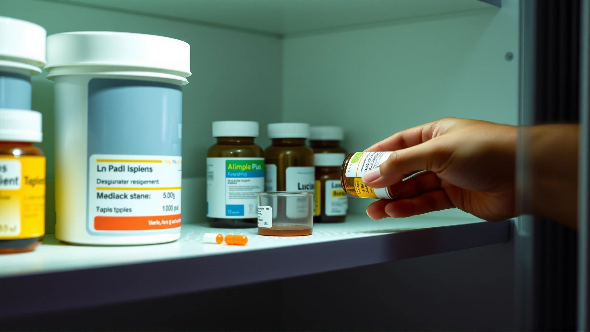 Close-up of a hand placing a pill bottle into a medicine cabinet, soft lighting, organized shelf, high resolution