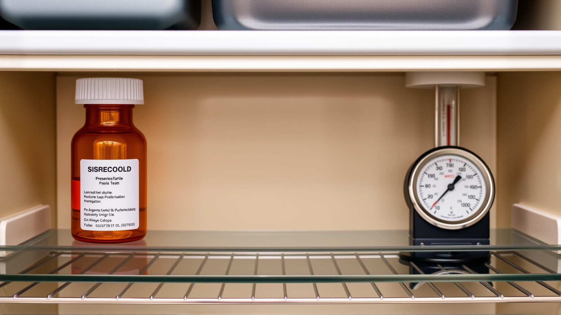 Amber prescription bottle without any label text, stored on a shelf beside a thermometer in a dry cabinet, representing proper medication storage.