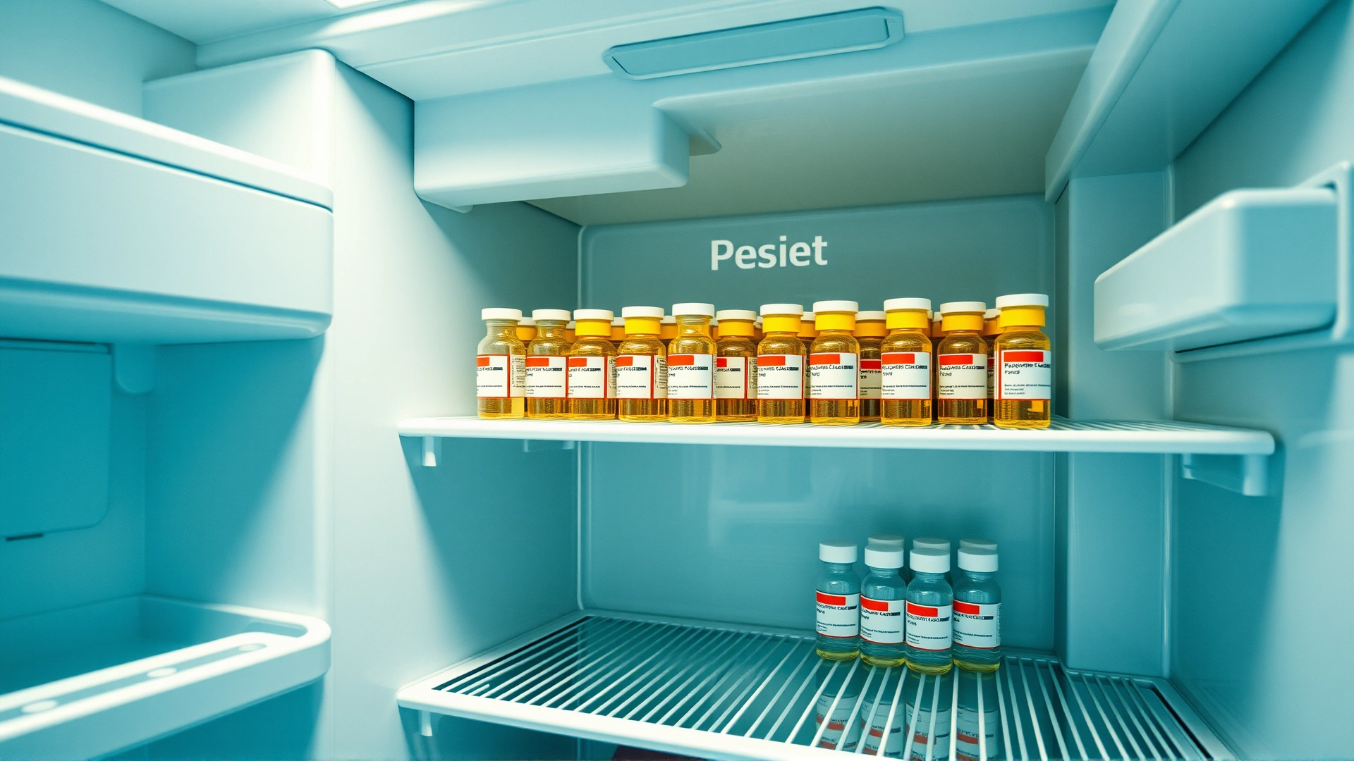 Interior of a veterinary clinic refrigerator with neatly organized vaccine vials on the shelves