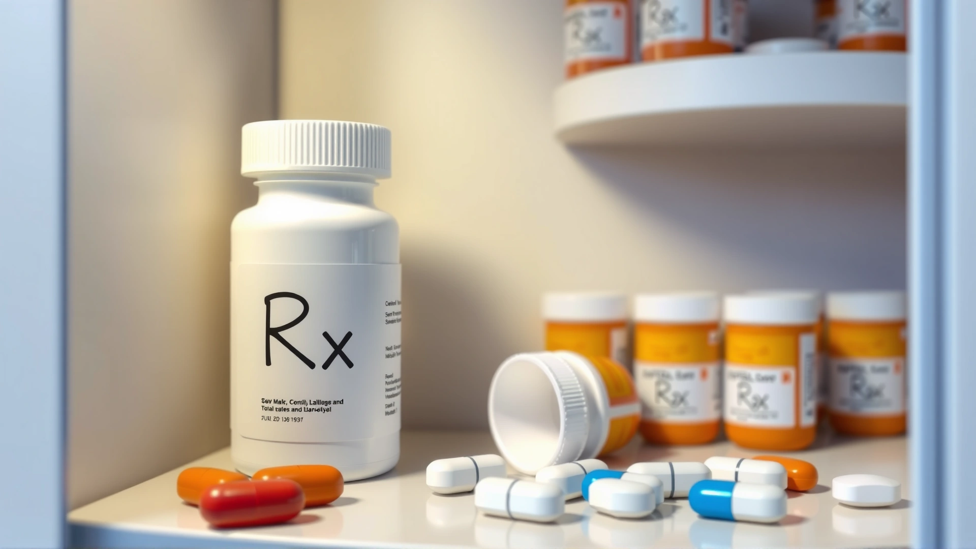 Photo of a white prescription pill bottle labeled 'Rx' on a shelf with scattered tablets beside it, neutral background, no brand names visible