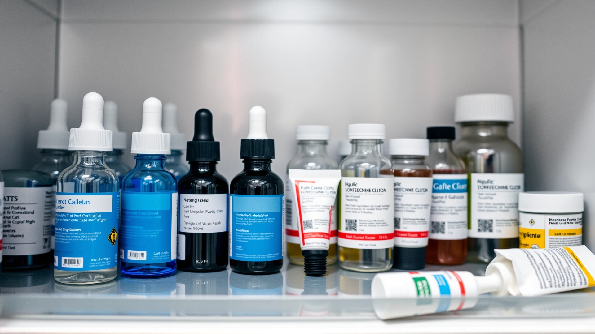 Organized medicine cabinet with pet medications neatly arranged, focus on small dropper bottles and ointment tubes, no text visible.