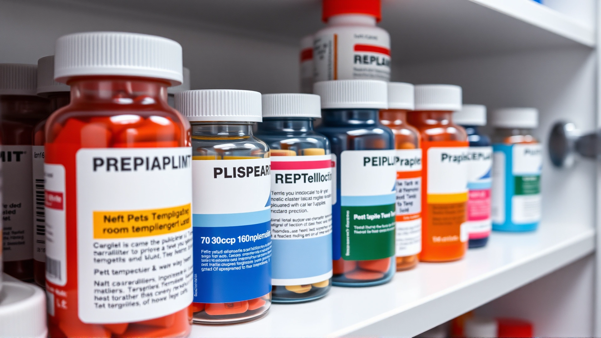 Close-up of medication cabinet with labeled pet medications stored neatly at room temperature, no text visible on labels
