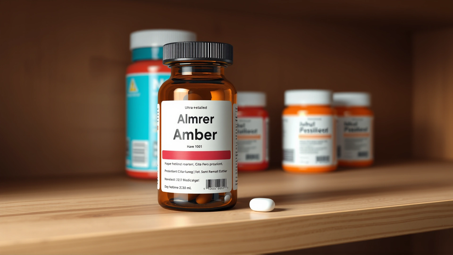 Amber prescription bottle of pet medication placed on a wooden shelf, softly lit, background slightly blurred to emphasize the bottle.