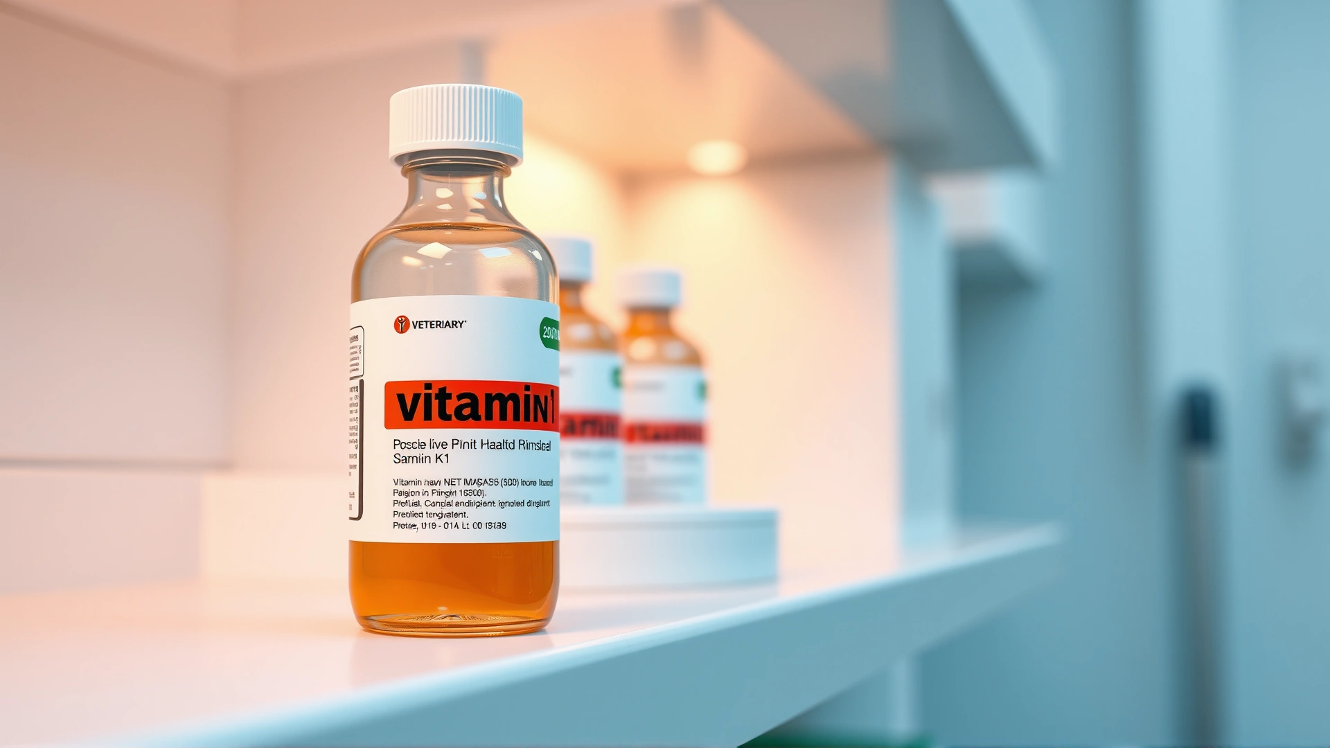 Bottle of vitamin K1 stored on a clean veterinary shelf, ambient clinic lighting, no text on label