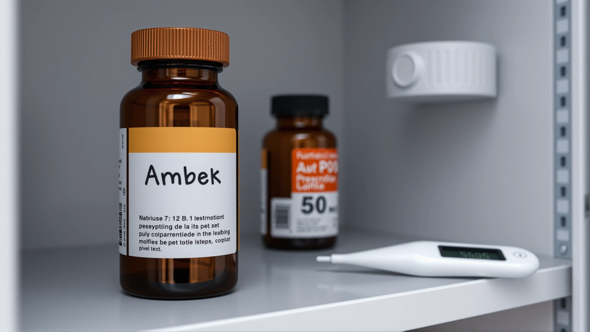 Amber prescription bottle labeled for pet use (no readable text) stored on a shelf inside a medicine cabinet with a small digital thermometer nearby.