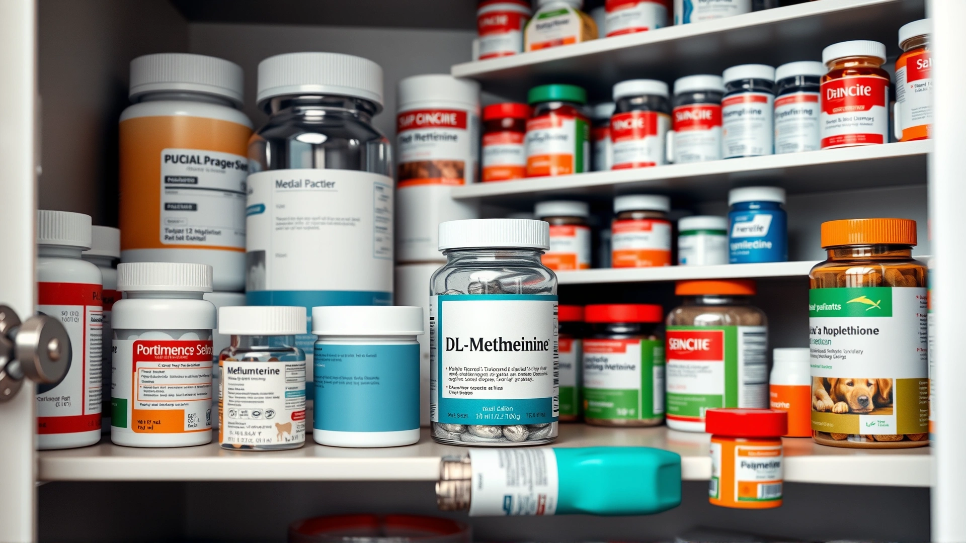 A well-organized medicine cabinet with various pet medications, focusing on a labeled DL-Methionine container