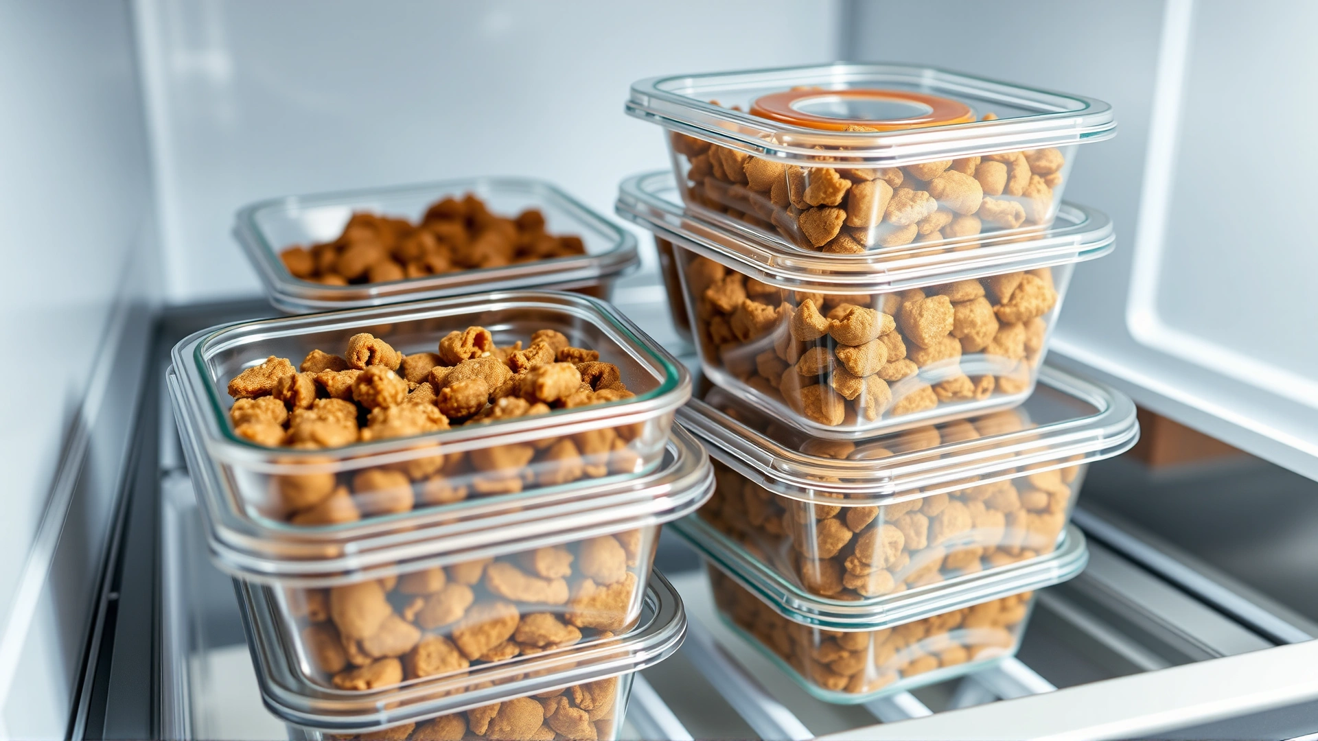 Glass meal-prep containers filled with cooled portions of dog food stacked neatly in a refrigerator drawer