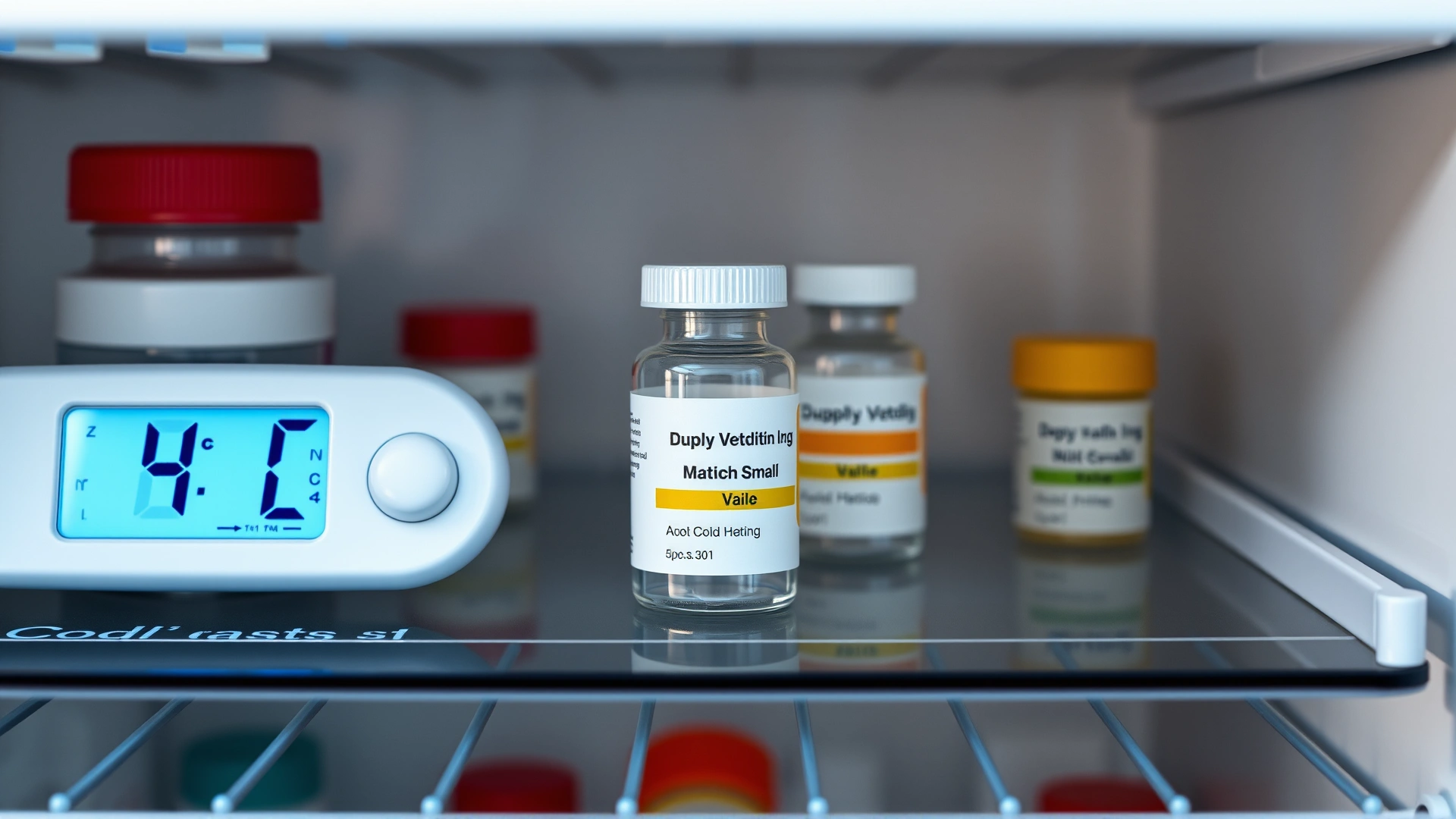 Small medicine vial placed on a refrigerator shelf with a digital thermometer showing 4°C, representing proper cold storage for veterinary drugs