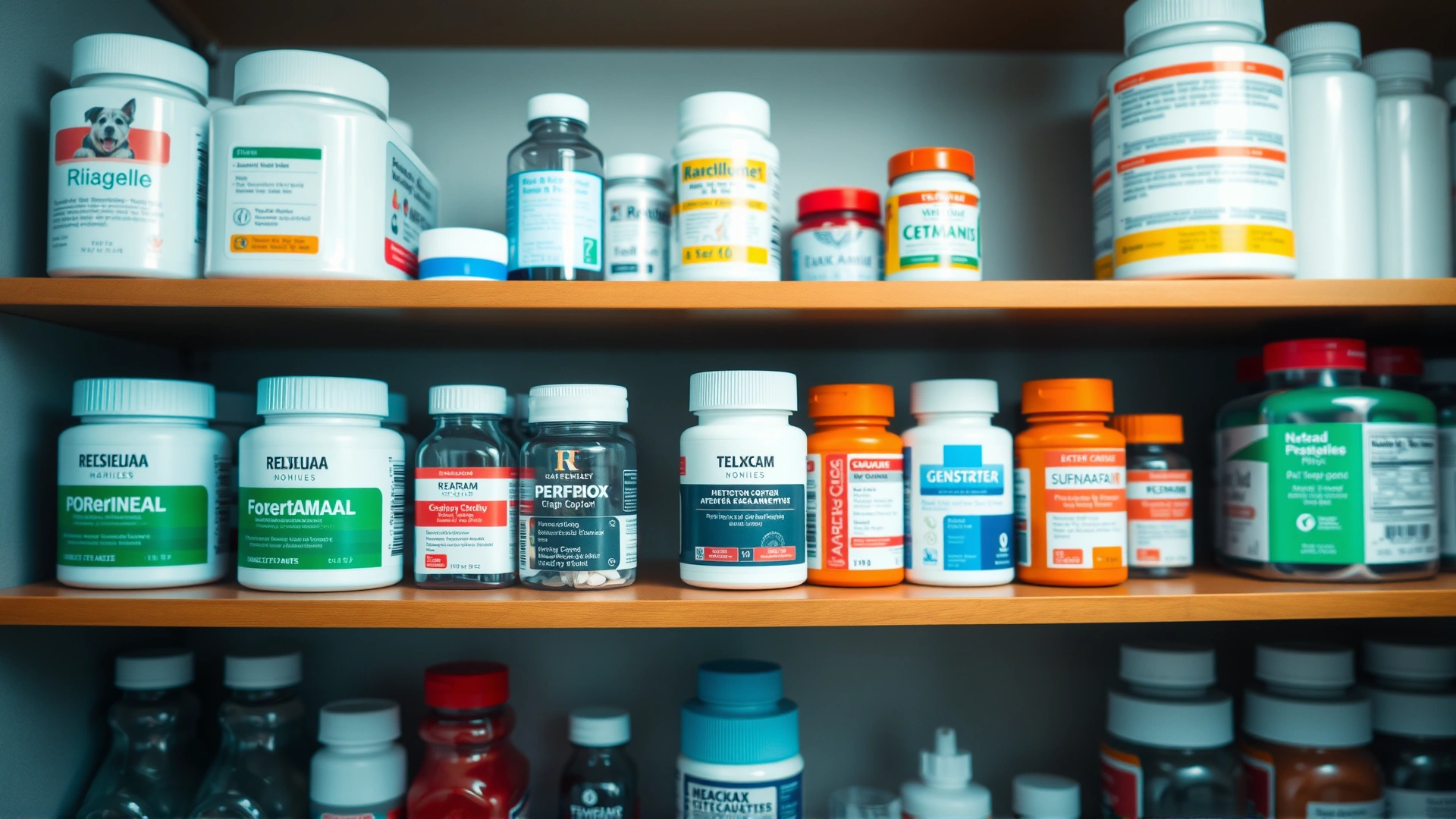 Close shot of medication cabinet with pet medicines neatly organized.