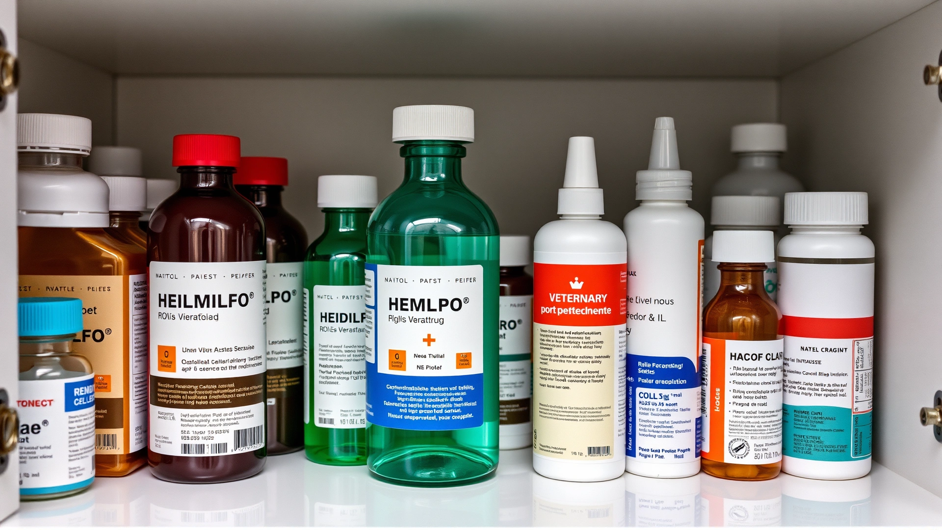Neatly arranged veterinary medicine bottles in a cabinet with proper labeling and lighting, demonstrating correct storage.