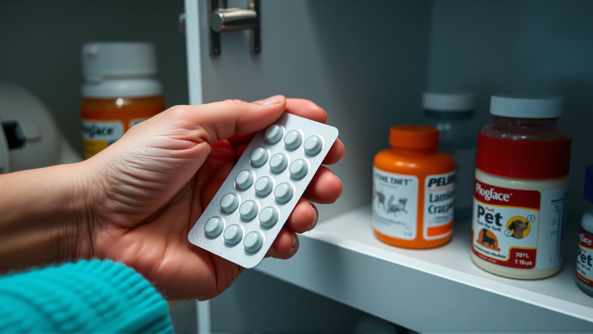 Close-up of a hand placing a blister pack of pet medication into a bathroom medicine cabinet with other household items blurred in the background.