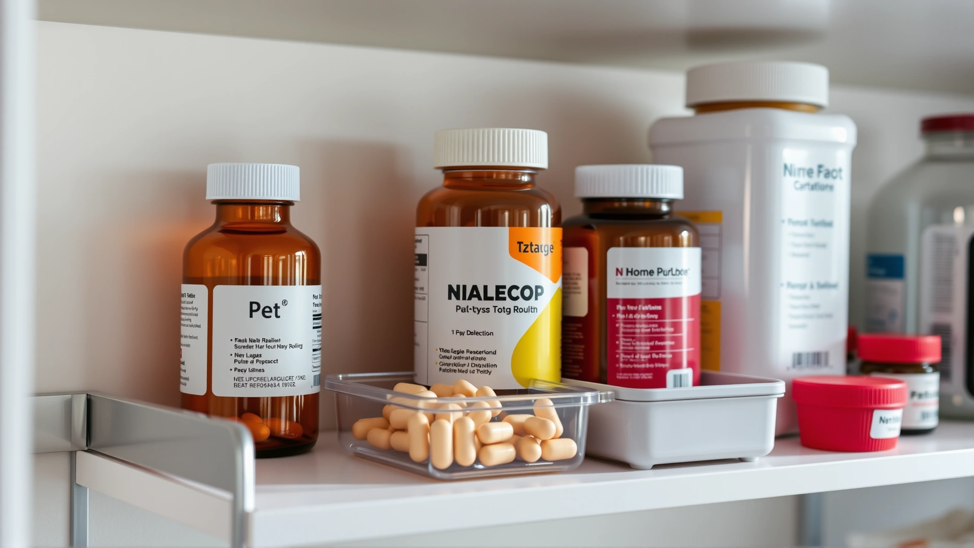 Neatly organized medicine shelf at home featuring a pet medication bottle, pill organizer, and clear labeling, bathed in natural light.