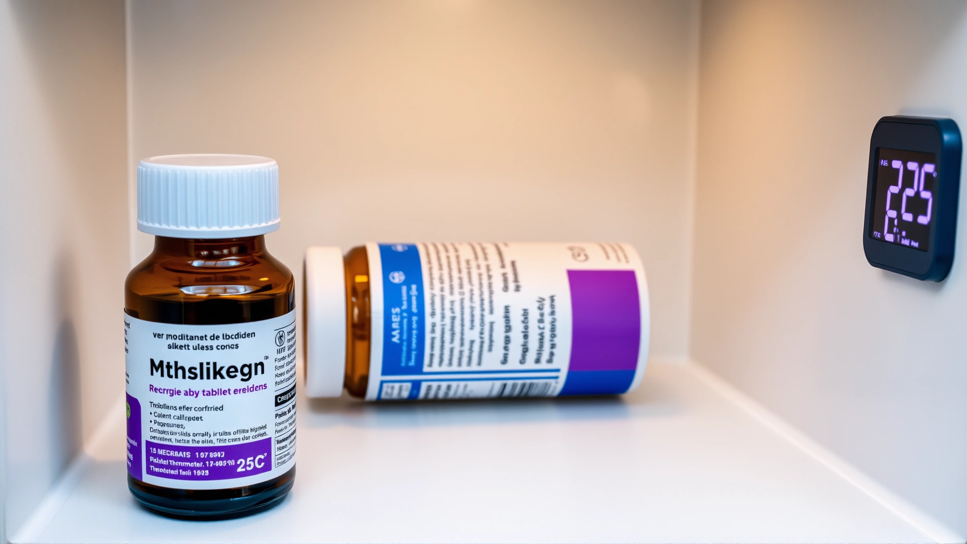 Medication bottle and blister pack stored in a cool, dry cabinet with digital thermometer showing 25°C.