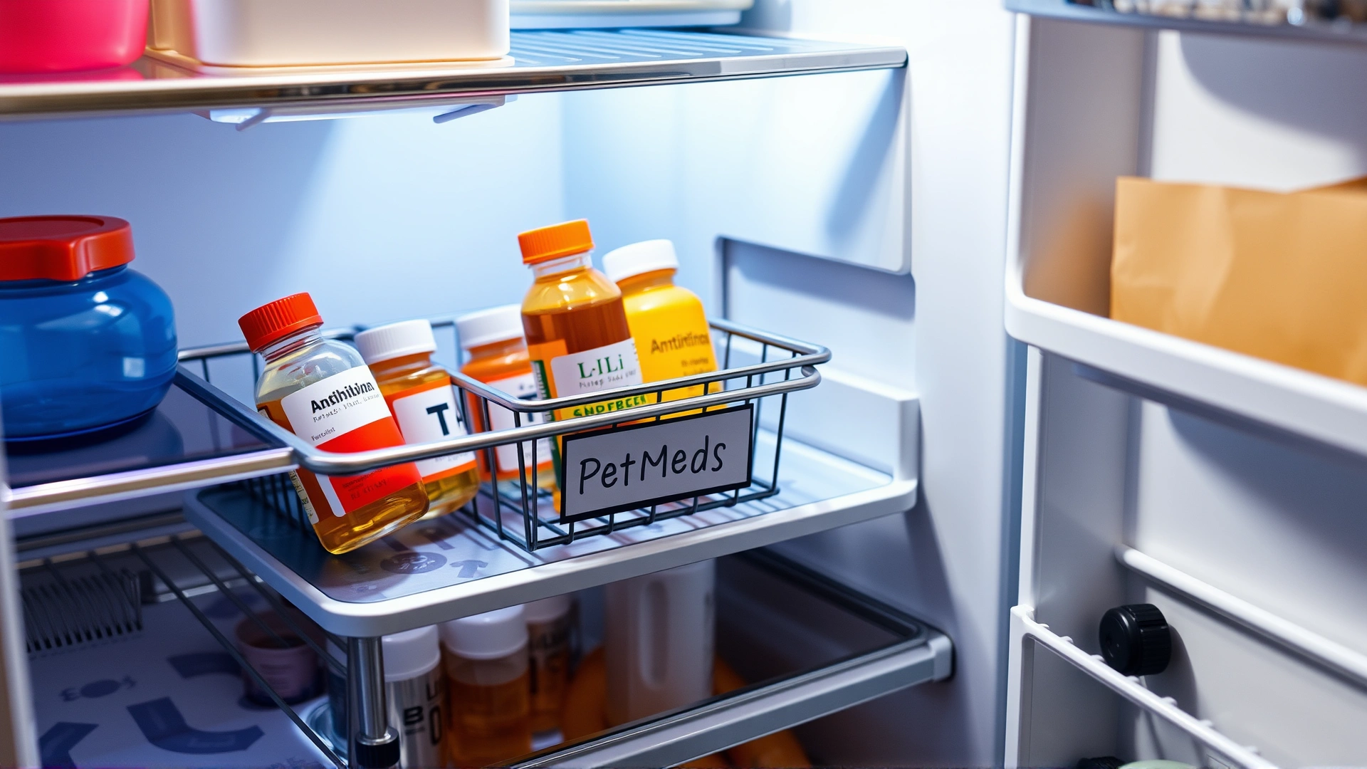 Open refrigerator door showing a small basket labeled 