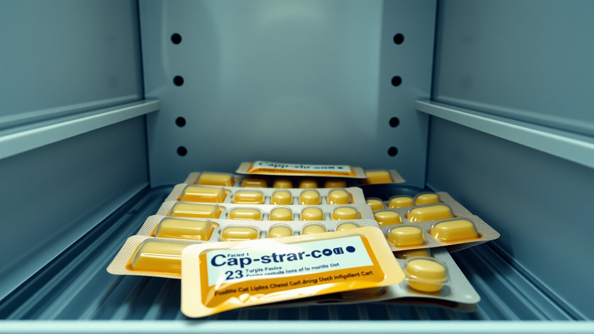 Capstar-like blister packs stored in a cool, dry cabinet, minimalistic composition, no text.