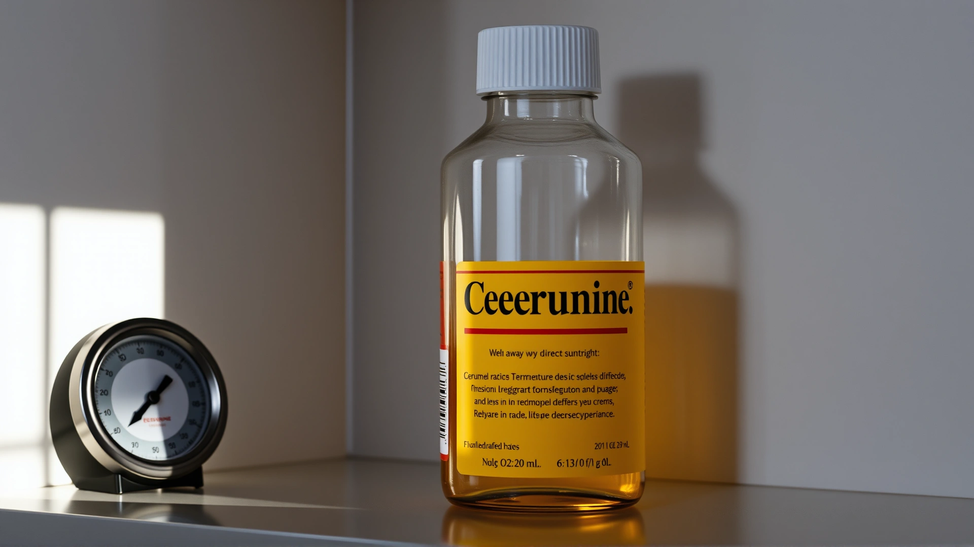 Cerumene bottle stored upright on a shelf away from direct sunlight with a small thermometer nearby indicating room temperature, emphasizing proper storage.