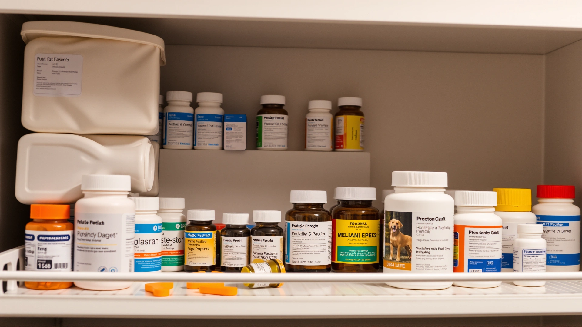 Photo of veterinary medications neatly arranged on a cool, dry shelf with indirect lighting, emphasizing proper storage conditions.