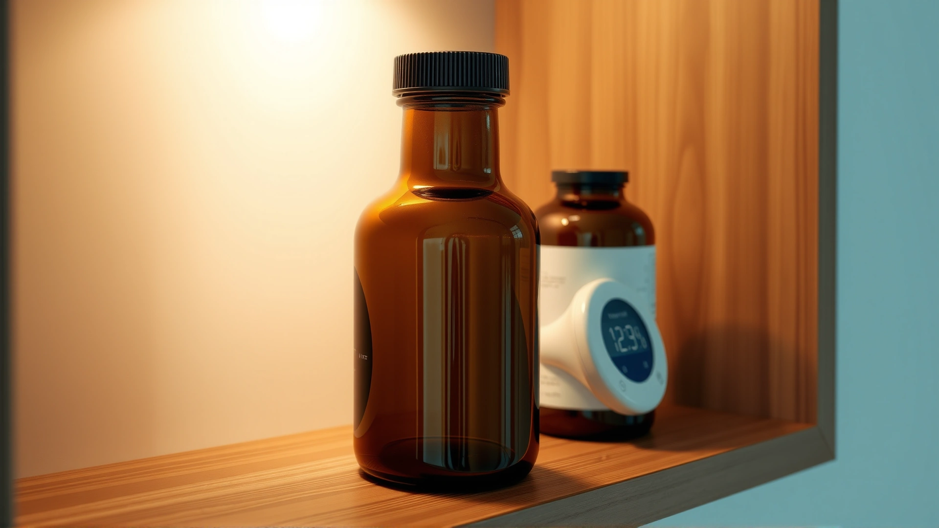 Unlabeled brown glass medication bottle stored upright on a tidy wooden shelf alongside a small digital thermometer showing room temperature, softly lit.