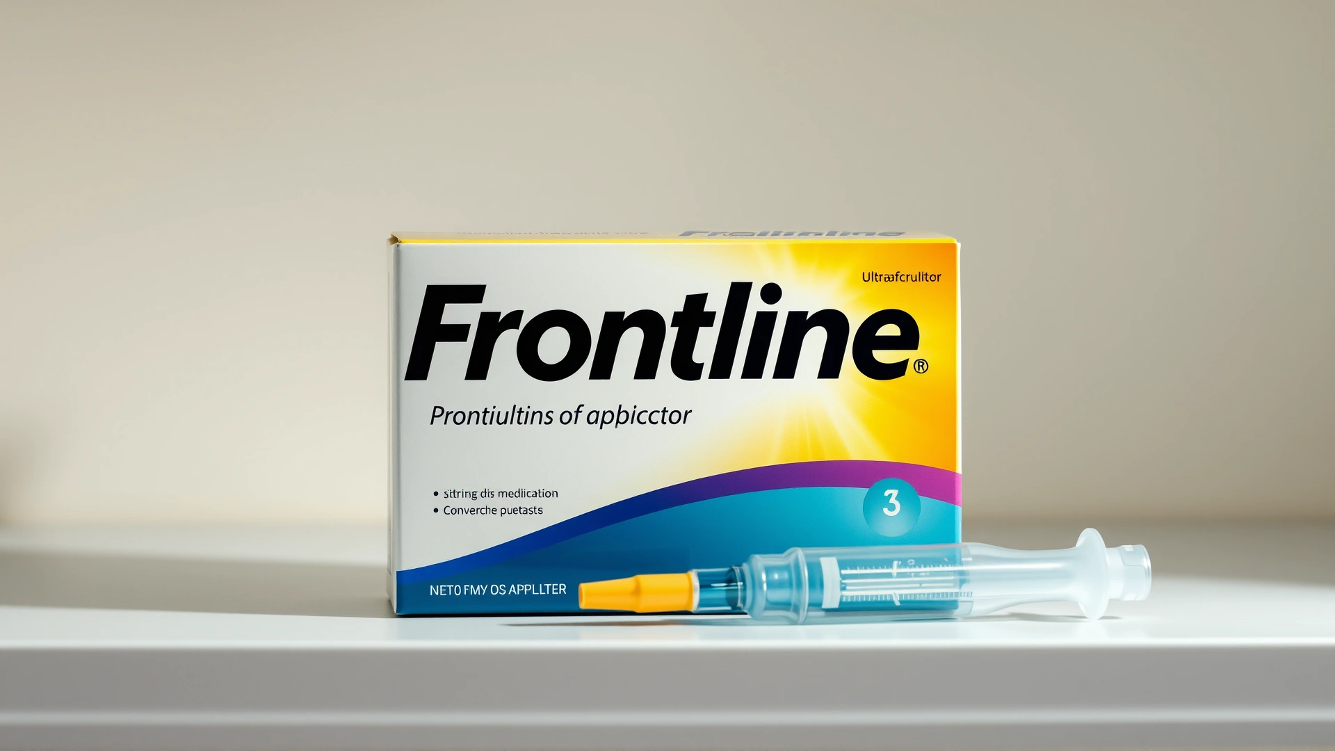 Frontline medication box and single applicator stored upright on a clean shelf, warm ambient light, no text