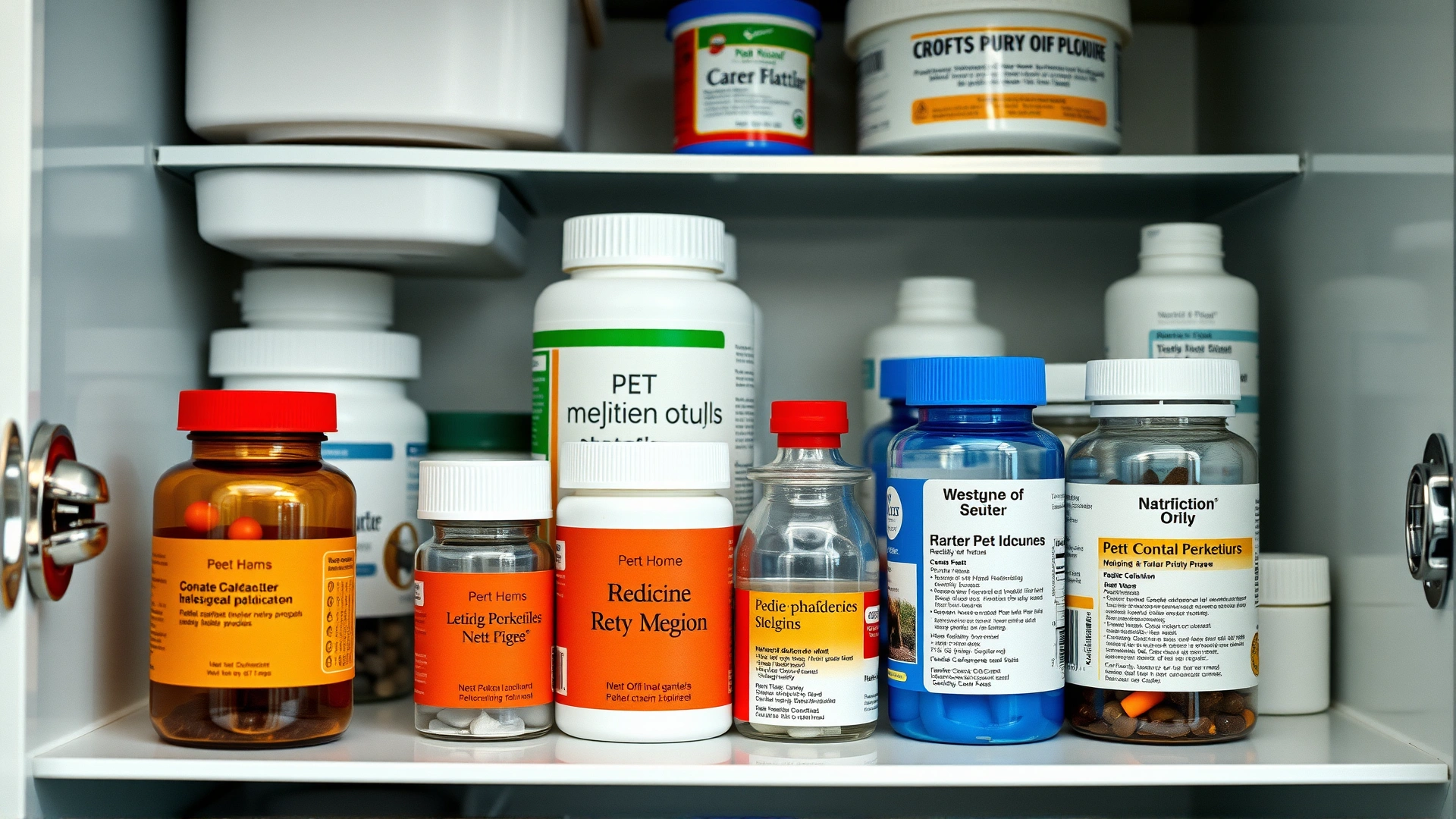 Organized home medicine cabinet with pet medications stored in properly labeled containers; no visible text on labels
