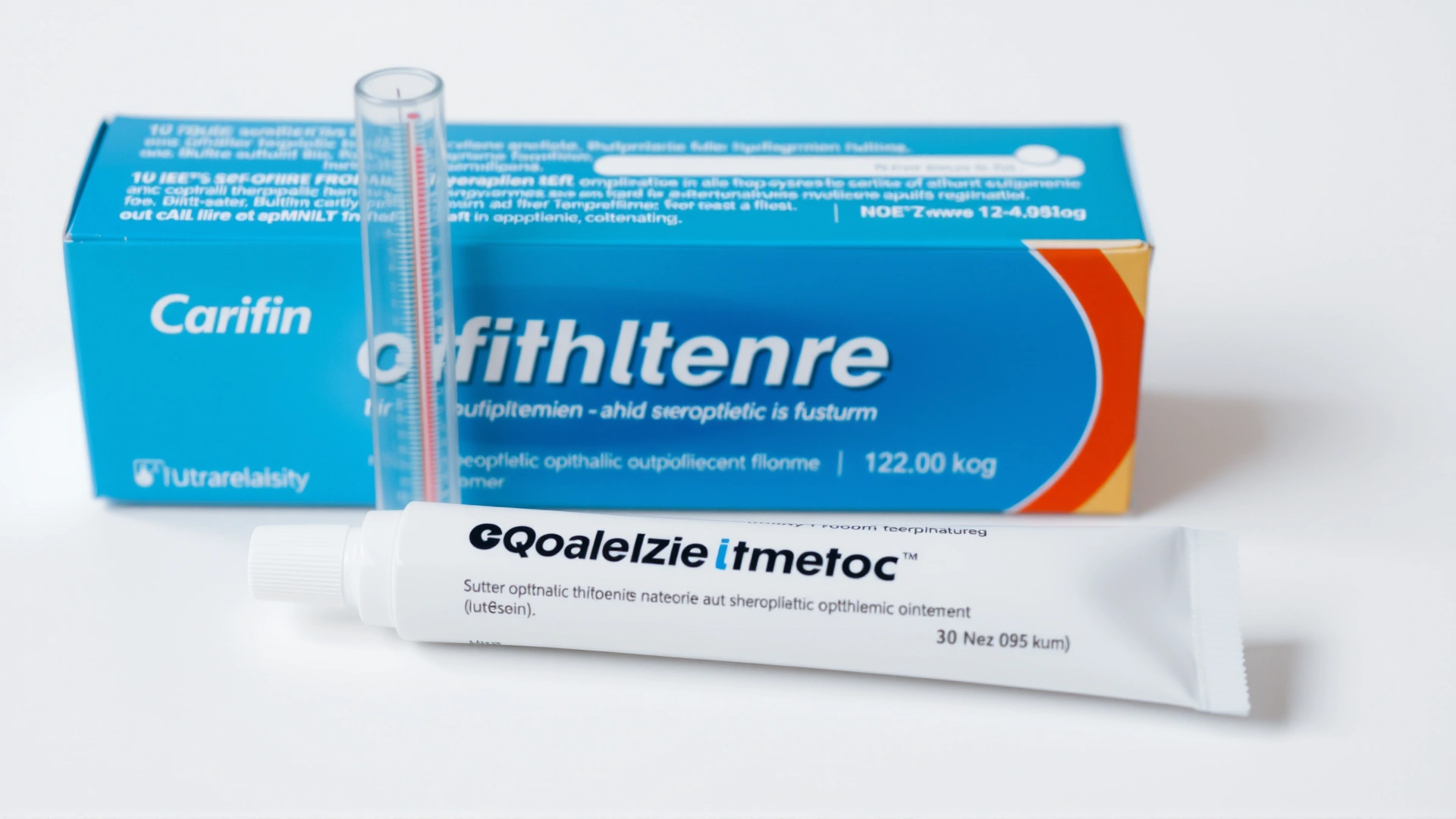 Tube of ophthalmic ointment placed on a clean white countertop next to its box, with a room-temperature thermometer in frame