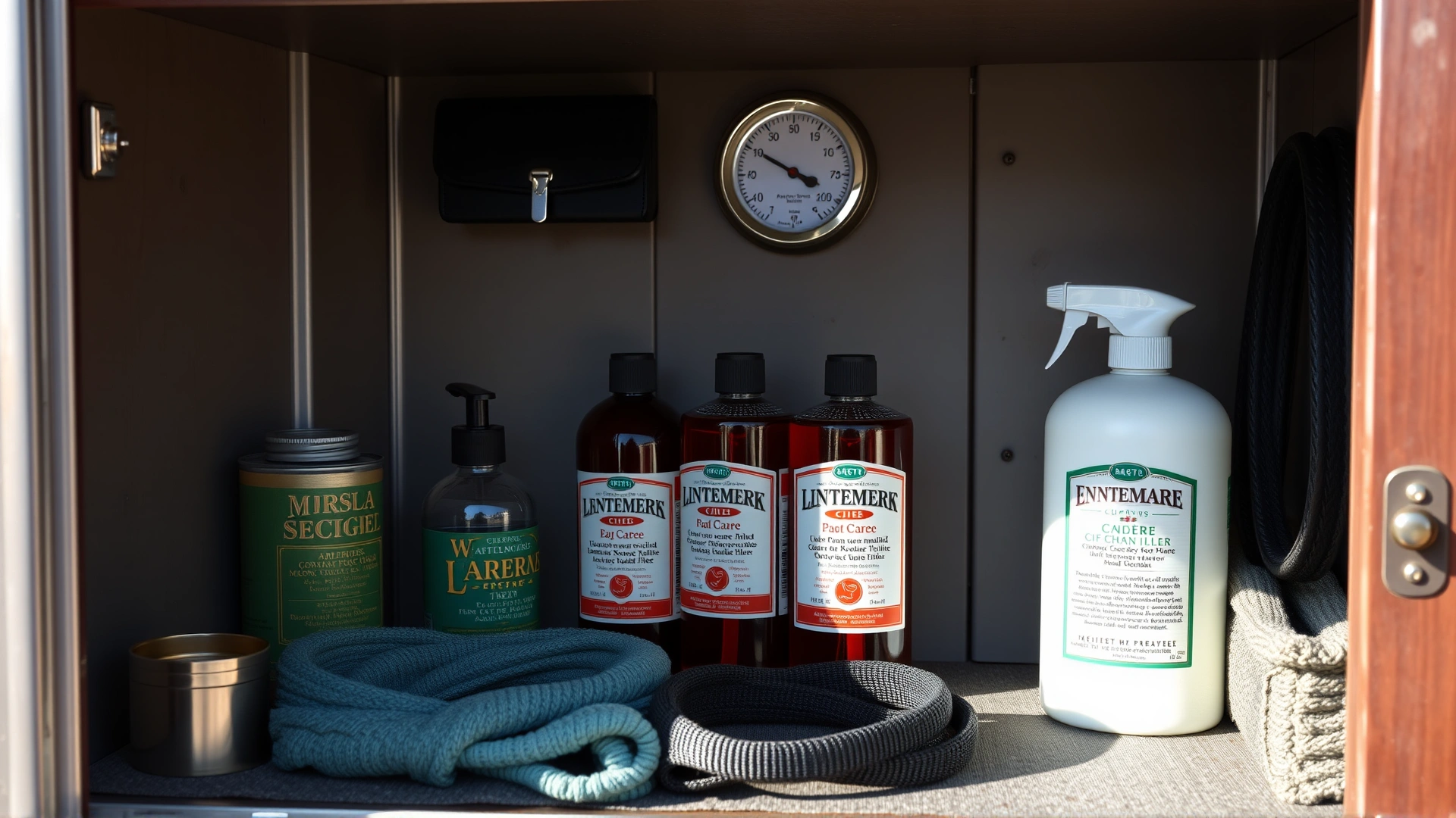 Horse care supplies, including liniment bottles, stored inside a cool, organized tack cabinet with a small thermometer on the wall indicating moderate temperature.