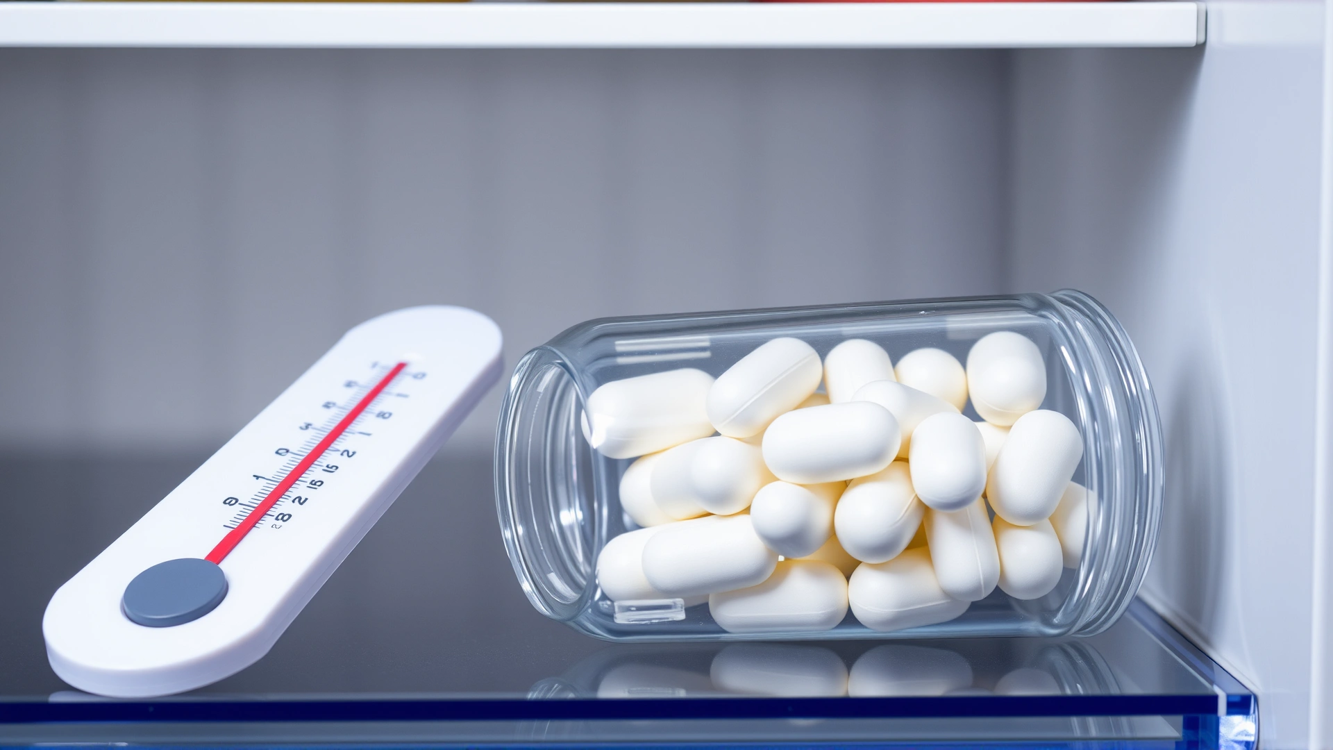 Transparent plastic pill bottle with white tablets placed on a shelf, room temperature thermometer nearby showing 22°C, no text.